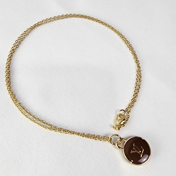 Authentic Louis Vuitton brown gold LV charm on gold stainless chain - Picture 4 of 7